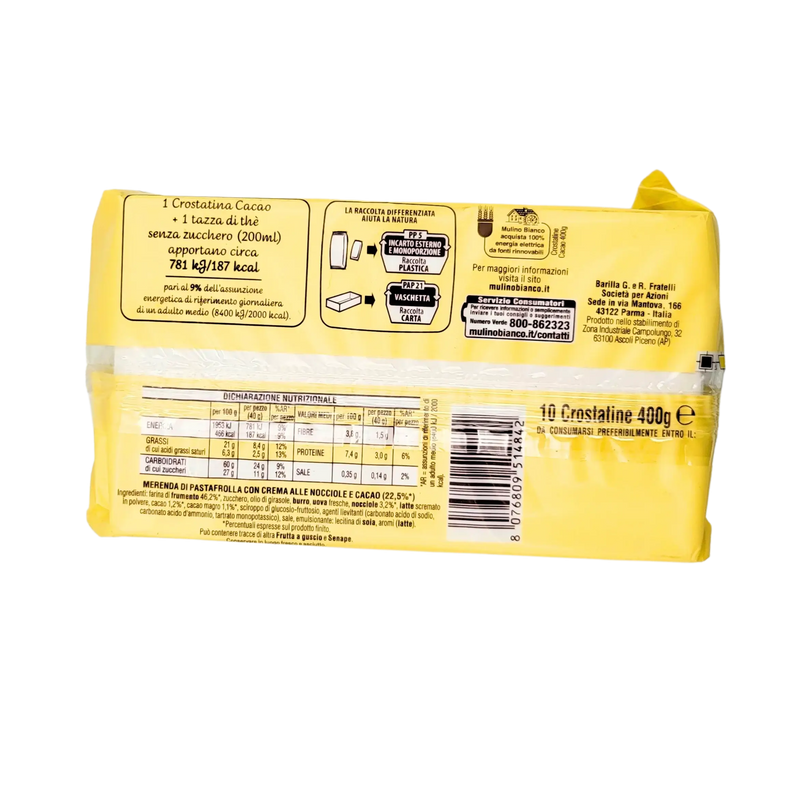 Tableau des valeurs nutritionnelles des Crostatine cacao et noisette, Mulino Bianco, 400g, sans huile de palme.