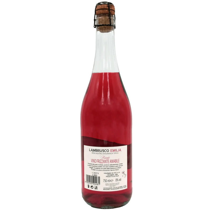 Bouteille de vin Lambrusco Emilie rosé pétillant biologique de 75cl, au design élégant et couleur rouge vif.