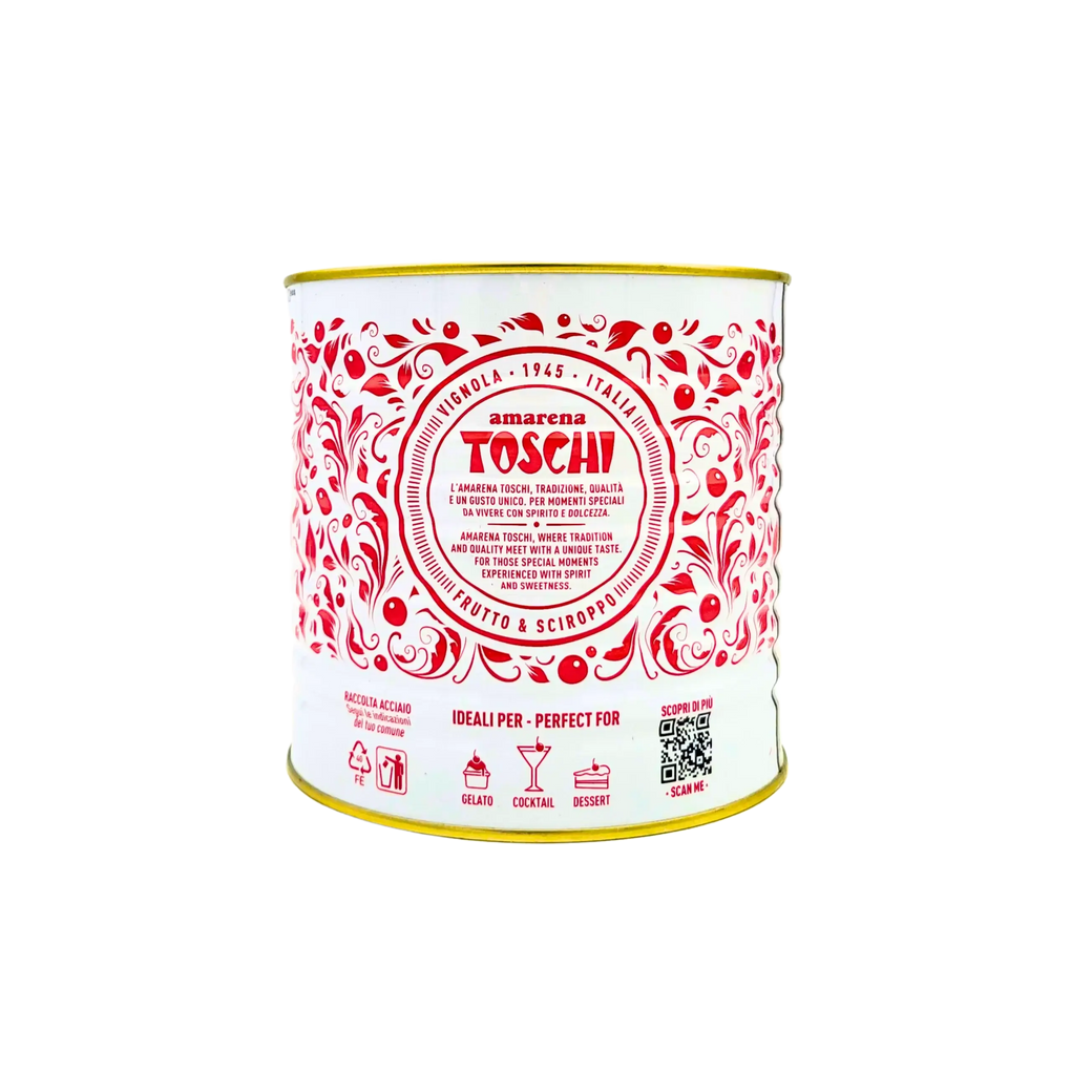 Boîte Amarena Toschi 2,7 kg, description produit et indications d’usage pour pâtisserie.
