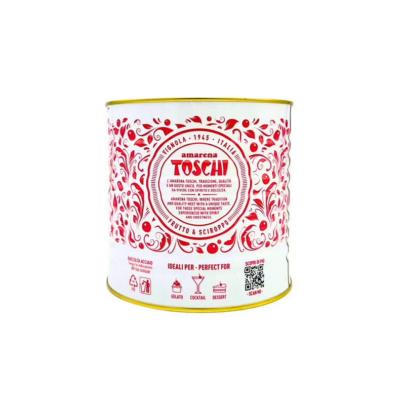 Boîte Amarena Toschi 2,7 kg, description produit et indications d’usage pour pâtisserie.