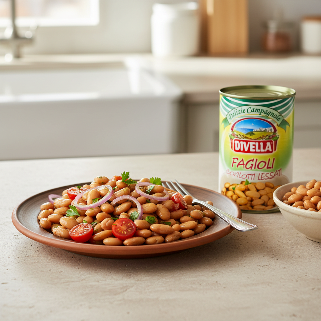 Haricots Borlotti Lessati Divella ‑ Authenticité Italienne (400 g) – mise en scène générée par IA à partir de la photo du produit