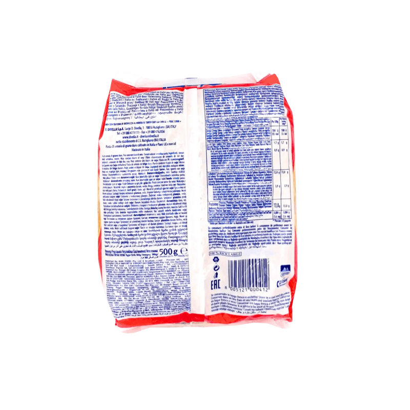 Dos du paquet de pâtes Divella Mista 41, 500g. Informations nutritionnelles et composition des pâtes sur fond bleu et blanc.