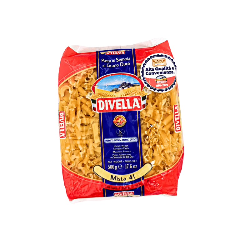 Pâtes Divella Mista 41, mélange de pâtes courtes italiennes en semoule de blé dur, emballage rouge et bleu, format 500g.