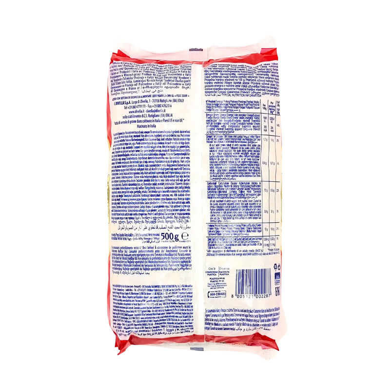 Dos du paquet de Pâtes Divella Penne Candela N°28, ingrédients et informations nutritionnelles, paquet de 500g, produit italien.