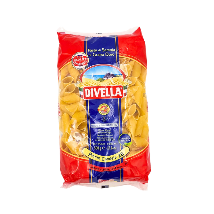 Paquet de Pâtes Divella Penne Candela N°28, pâtes de semoule de blé dur, paquet de 500g, produit italien authentique.