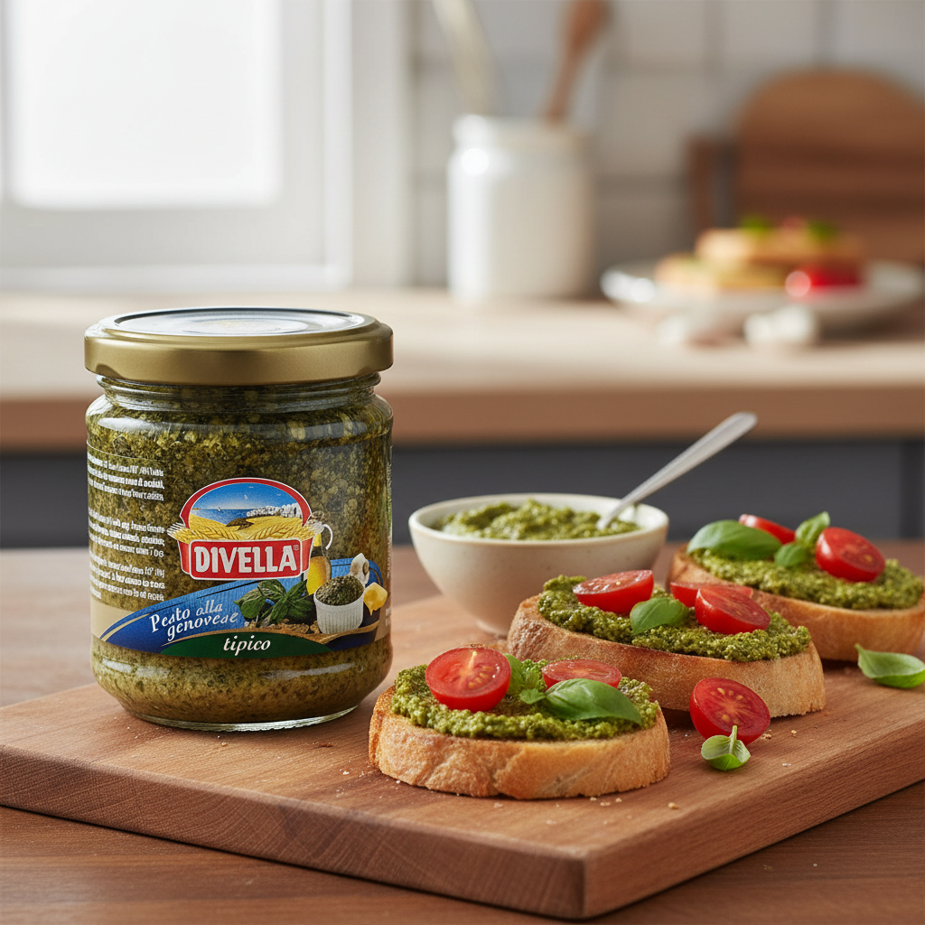 Pesto Alla Genovese Divella - Recette Tipica (190 g) – mise en scène générée par IA à partir de la photo du produit
