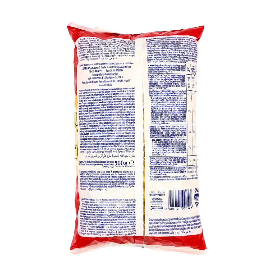 Informations nutritionnelles et composition du paquet de pâtes italiennes Divella Pipe Rigate N°56, 500g.