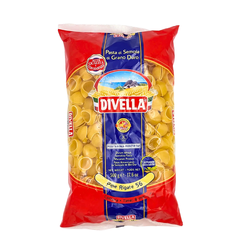 Paquet de pâtes italiennes Divella Pipe Rigate N°56 de 500g, fabriqué à partir de semoule de blé dur.