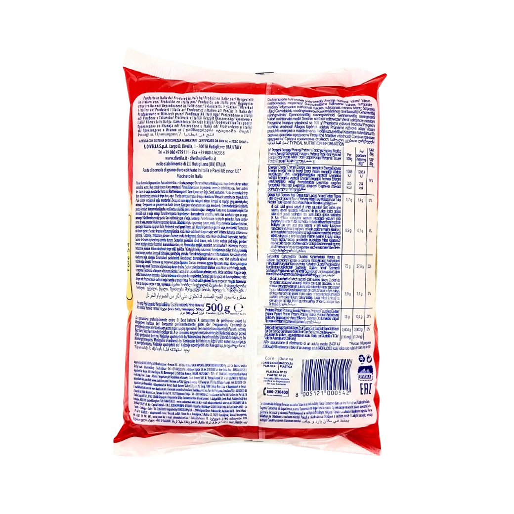 Bild des Produkts Divella Tofe N°54, italienische Muschelnudeln 500g, Rückansicht mit Nährwertinformationen.