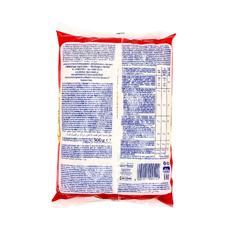 Image du produit Divella Tofe N°54, pâtes en coquilles italiennes 500g, vue arrière avec informations nutritionnelles.