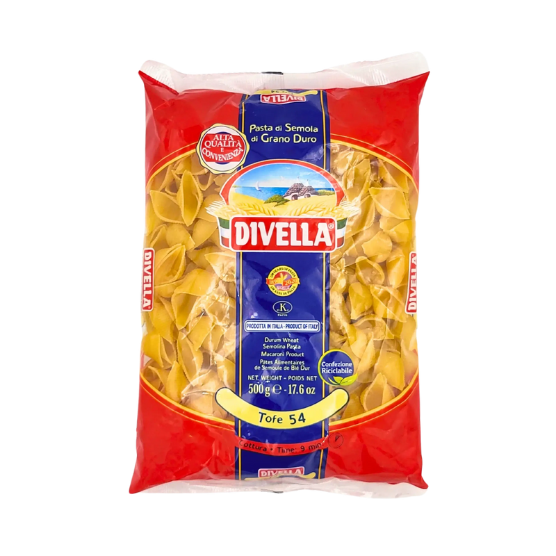 Image du produit Divella Tofe N°54, pâtes en coquilles italiennes 500g, vue de face.