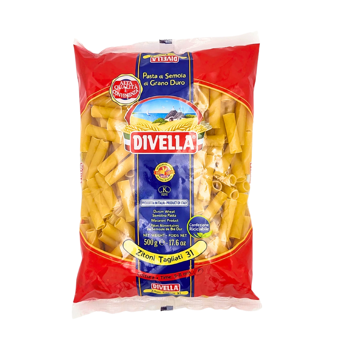 Paquet de pâtes Divella Zitoni Tagliati N°31 - Pâtes tubulaires italiennes en semoule de blé dur de 500g