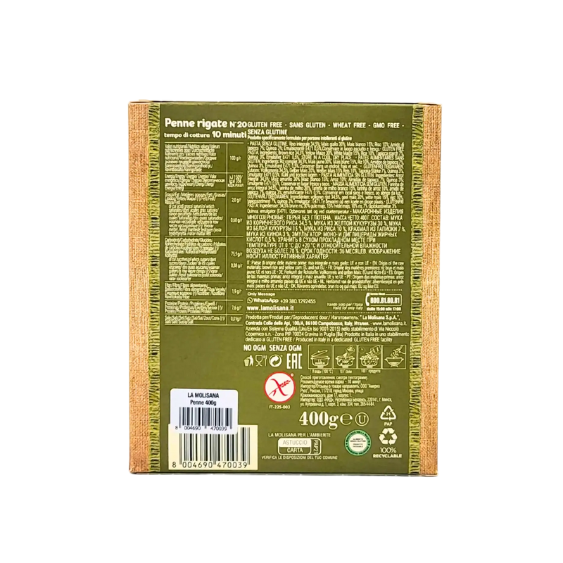 Dos du paquet de Penne Rigate sans gluten - La Molisana 400g
