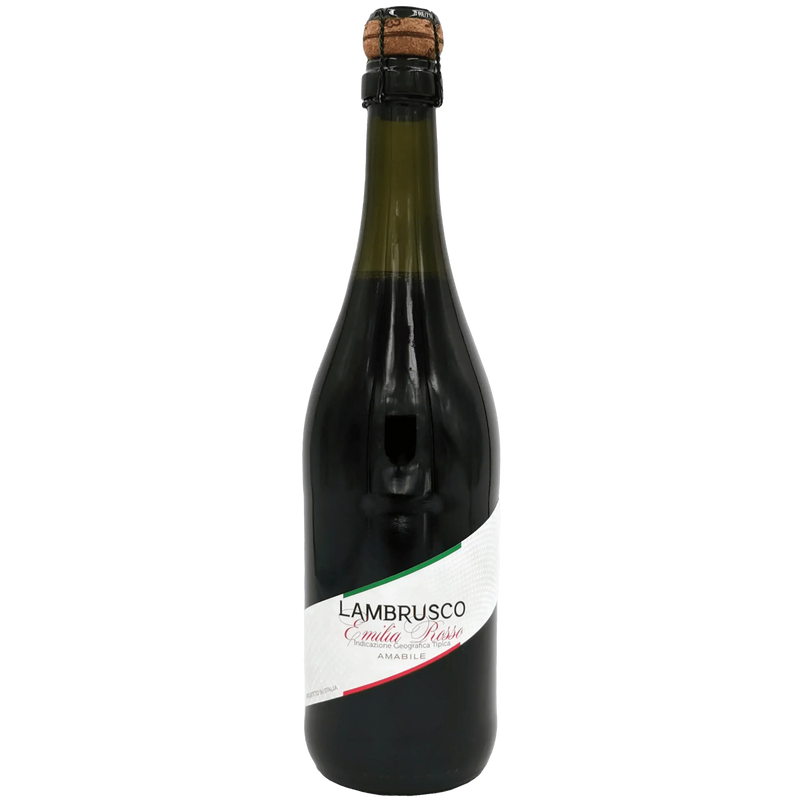 Bouteille de Lambrusco Emilia Rosso Amabile, vin rouge pétillant italien de 750 ml, vue de face avec bouchon – l’authenticité du Lambrusco Emilia dans toute sa finesse.