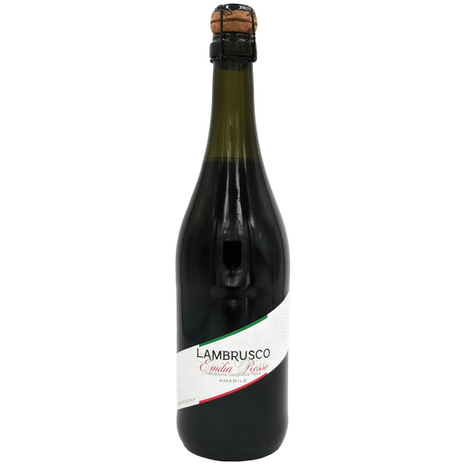 Bouteille de Lambrusco Emilia Rosso Amabile, vin rouge pétillant italien de 750 ml, vue de face avec bouchon – l’authenticité du Lambrusco Emilia dans toute sa finesse.