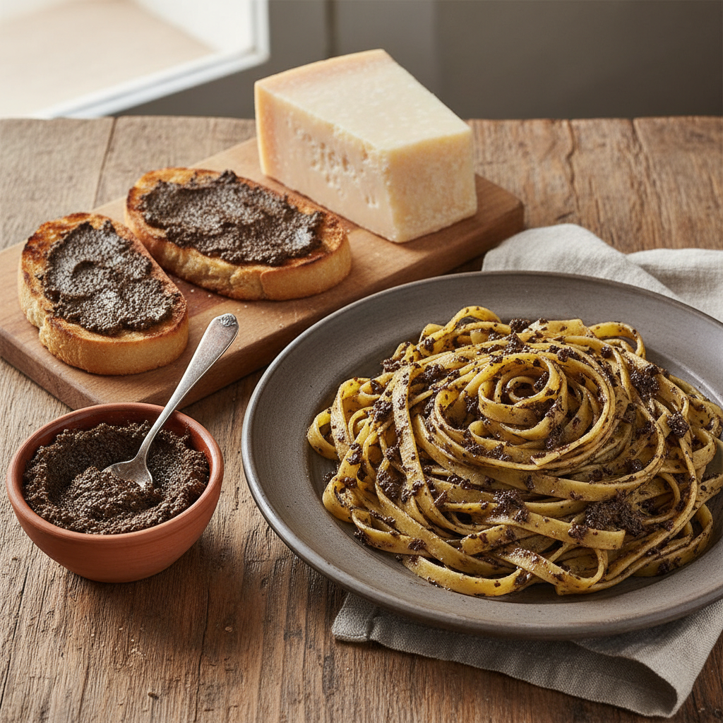Crème de truffe noire ElleEsse – Gourmet (520 g) – mise en scène générée par IA à partir de la photo du produit