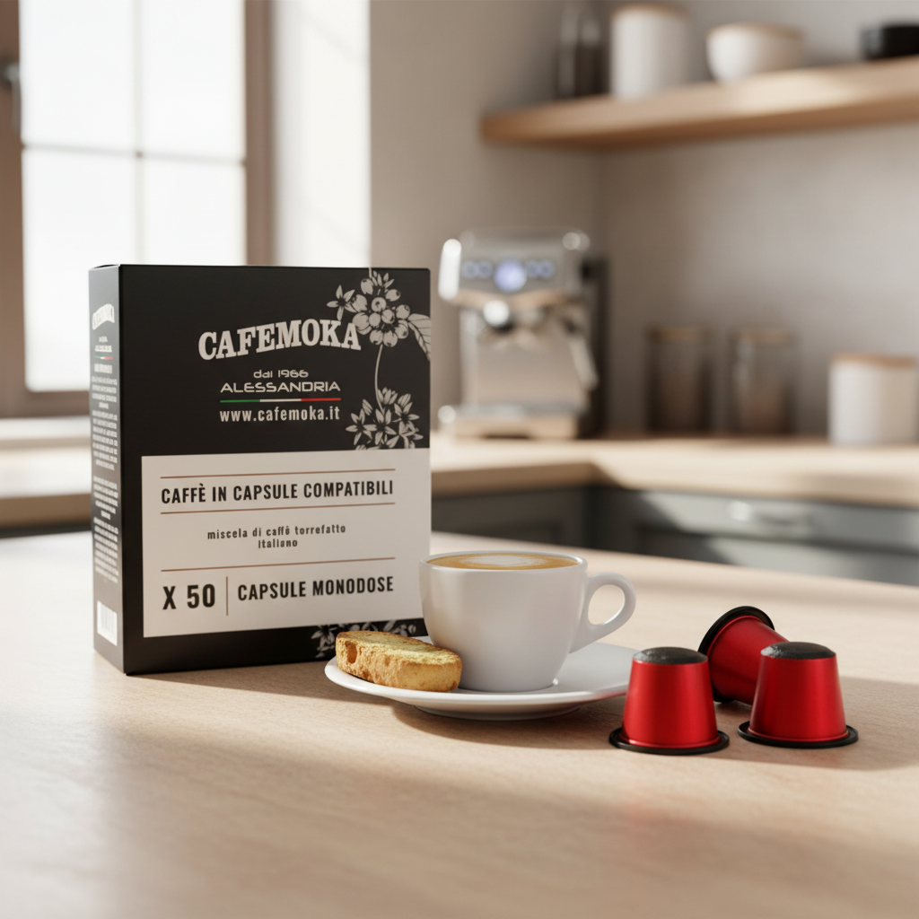 Capsules Nespresso CaféMoka - Espresso Forte (50 pcs) – mise en scène générée par IA à partir de la photo du produit