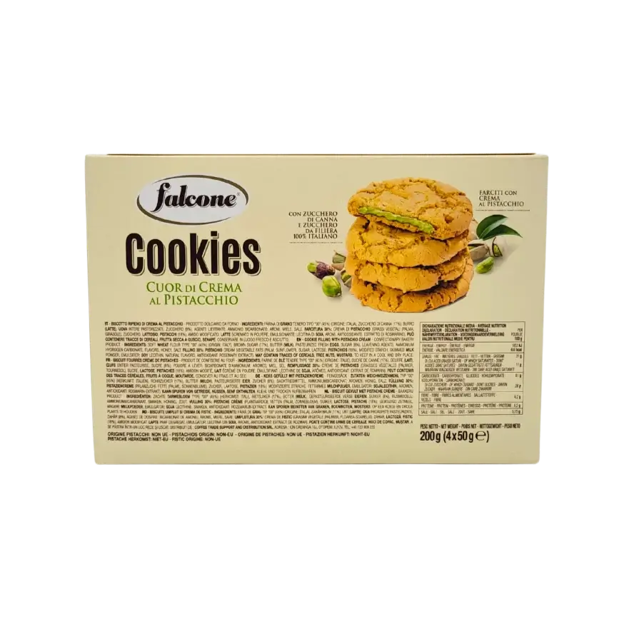 Enjoy the pistachio cookie Falcone, an Italian treat with a tender heart and natural ingredients.