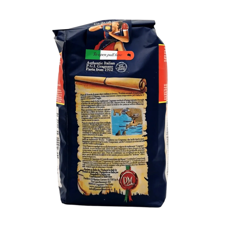 Dos du paquet de pâtes Farfalle IGP Gragnano - Pastificio G. Di Martino - 500g - Détails de fabrication et engagement qualité.