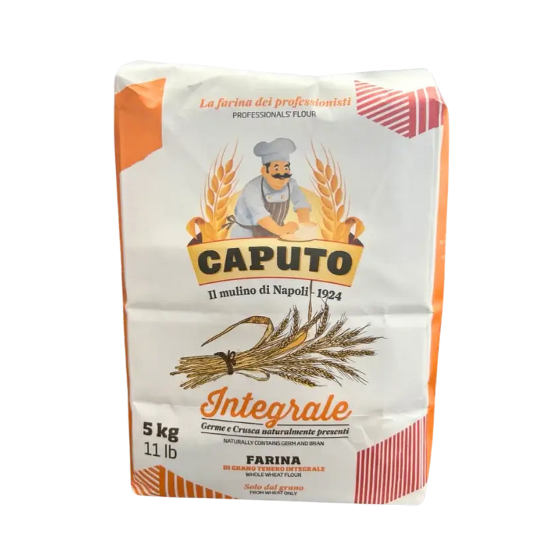 Sac de 5kg de farine complète Caputo intégrale avec germe et son, blé italien pour pain artisanal rustique.
