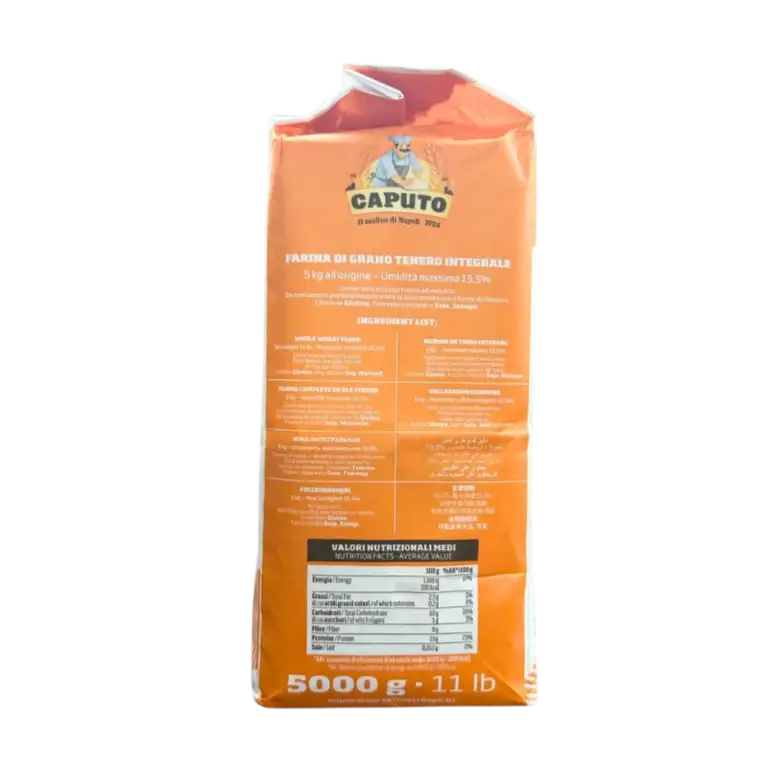 Farine complète Caputo 5kg avec germe et son, idéale pour pain artisanal italien.