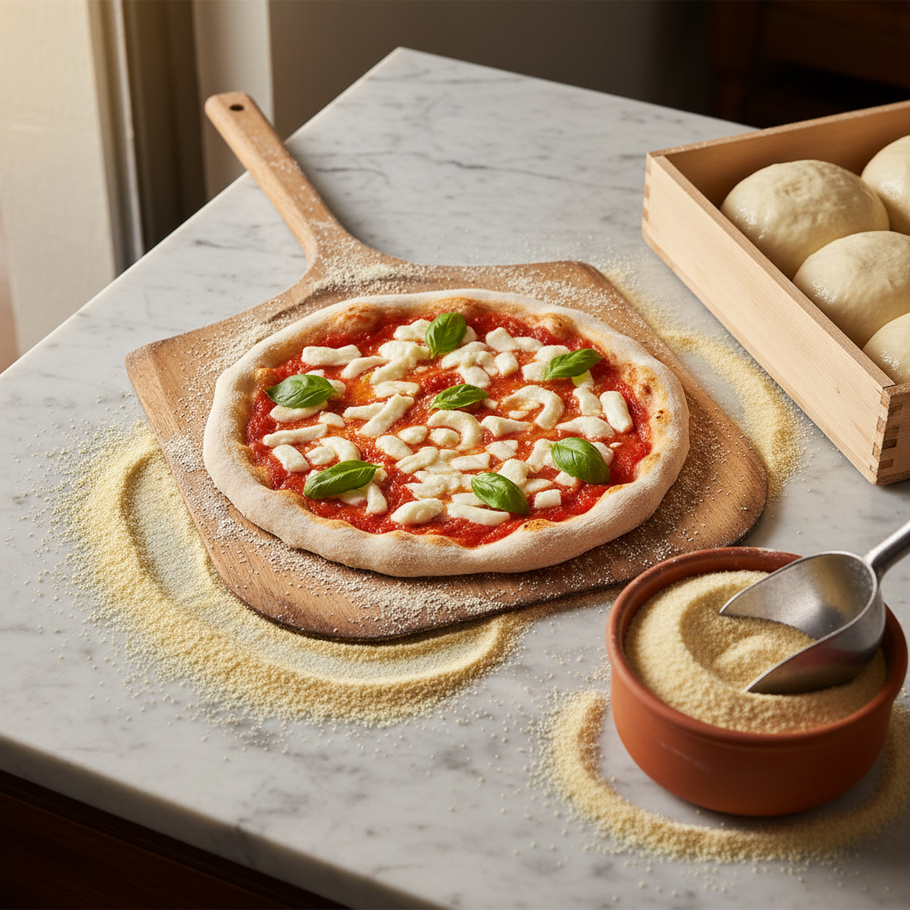 Semoule Staccapizza Molino Spadoni – Mélange pour pelle à pizza (5 kg) – mise en scène générée par IA à partir de la photo du produit