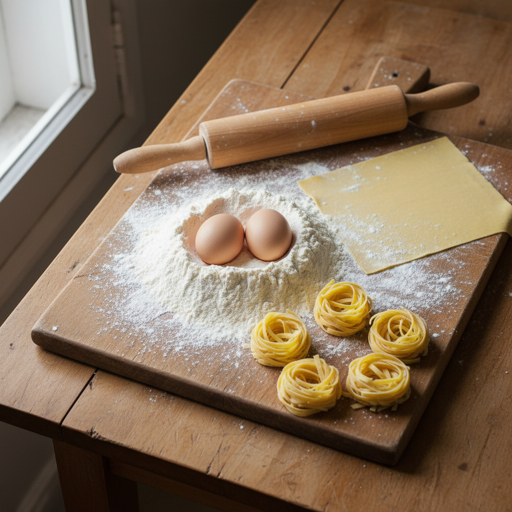 Farine Tipo 00 Molino Dallagiovanna – Spécial Pâtes Fraîches (1 kg) – mise en scène générée par IA à partir de la photo du produit