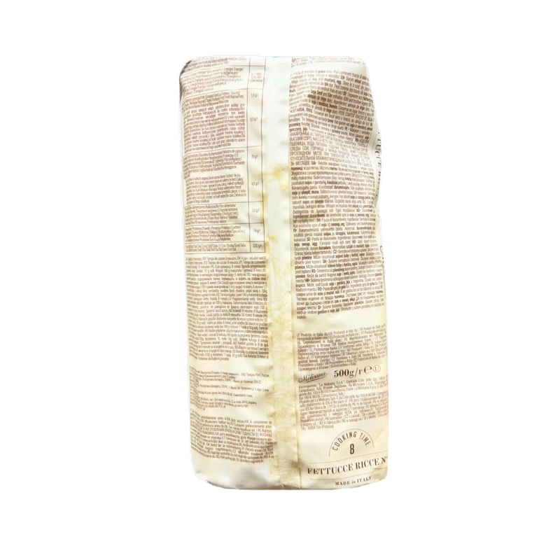 Vue arrière du paquet de Fettucce Ricce La Molisana 500g, avec informations sur les ingrédients, conseils de cuisson et valeurs nutritionnelles.