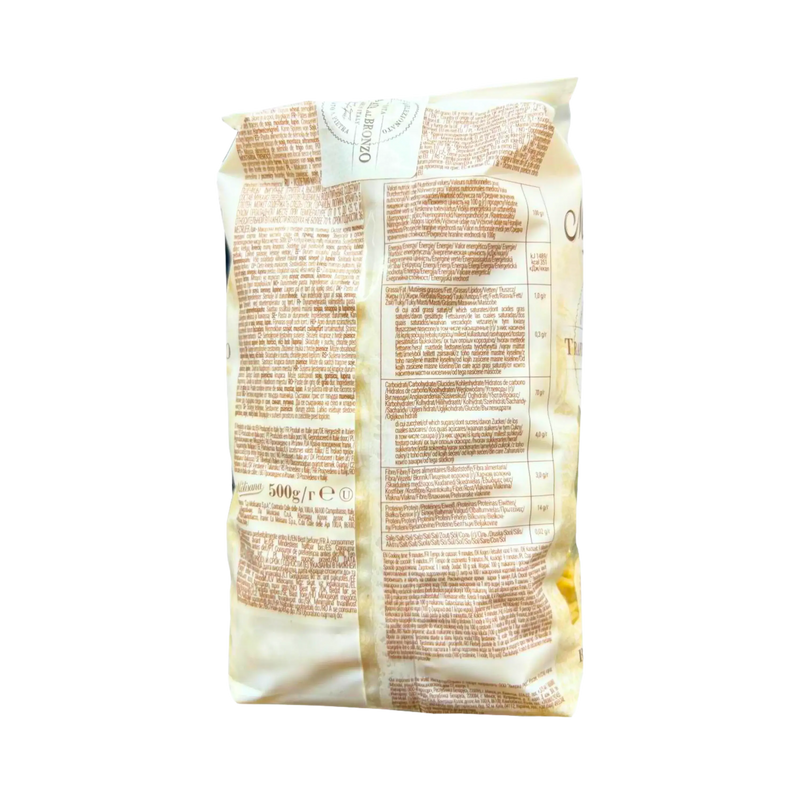 Vue arrière du paquet de Fusilli La Molisana 500g, avec informations détaillées sur les ingrédients, les conseils de cuisson et les valeurs nutritionnelles.