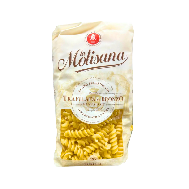 Vue avant du paquet de Fusilli La Molisana 500g, pâtes italiennes de qualité supérieure fabriquées avec du blé sélectionné, finition traditionnelle au bronze.