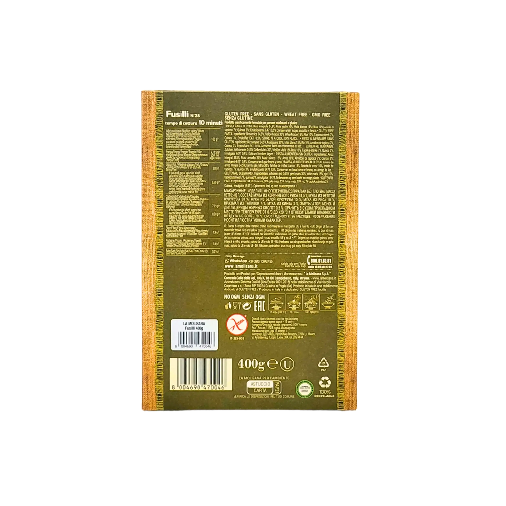 Ingrédients et valeurs nutritionnelles des fusilli sans gluten La Molisana, 400 g.