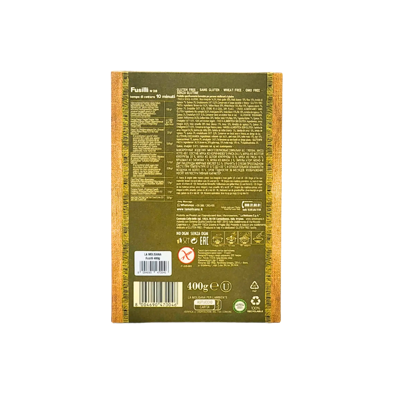 Ingrédients et valeurs nutritionnelles des fusilli sans gluten La Molisana, 400 g.