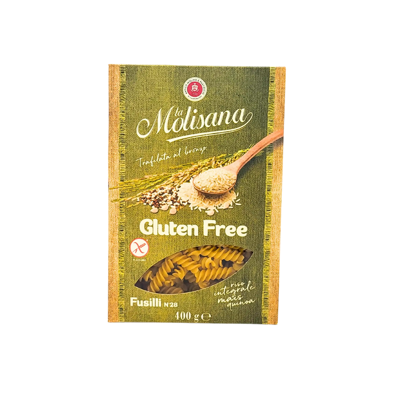 Packaging avant des fusilli sans gluten La Molisana, à base de riz, maïs et quinoa, 400 g.