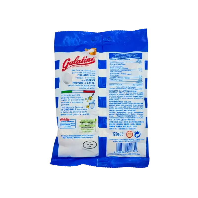 Emballage arrière des bonbons au lait Galatine Sperlari 125g, sans gluten, avec informations nutritionnelles.
