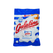 Emballage des pastilles de lait Galatine Sperlari, confiseries italiennes emblématiques, sans gluten, 125g, design bleu et blanc.