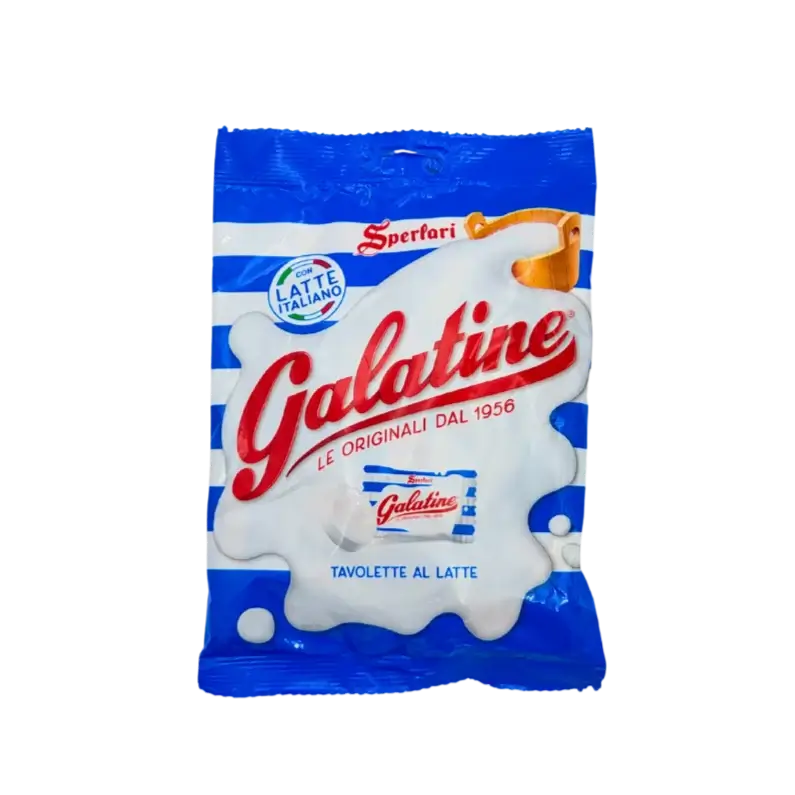 Emballage des pastilles de lait Galatine Sperlari, confiseries italiennes emblématiques, sans gluten, 125g, design bleu et blanc.
