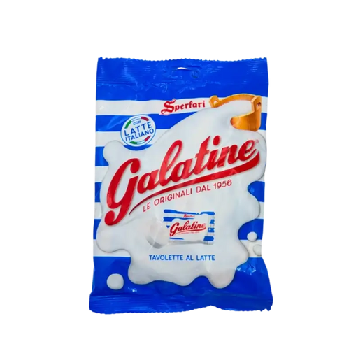 Emballage des pastilles de lait Galatine Sperlari, confiseries italiennes emblématiques, sans gluten, 125g, design bleu et blanc.