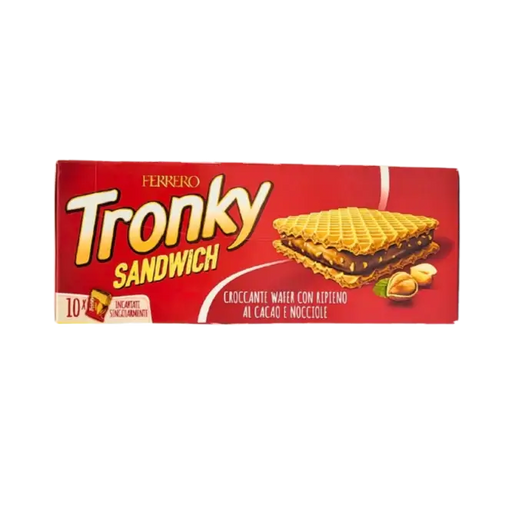 Gaufrette Ferrero Tronky, biscuit italien au cacao-noisette, 220g. Gaufrette chocolat croustillante avec crème fondante.