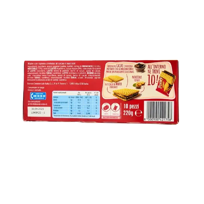 Emballage de Gaufrette Ferrero Tronky cacao noisette 220g, biscuit italien savoureux et croustillant.