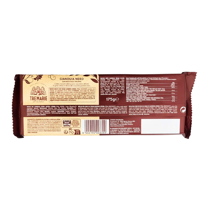 Emballage arrière du produit Tre Marie gaufrette chocolat gianduia 175g
