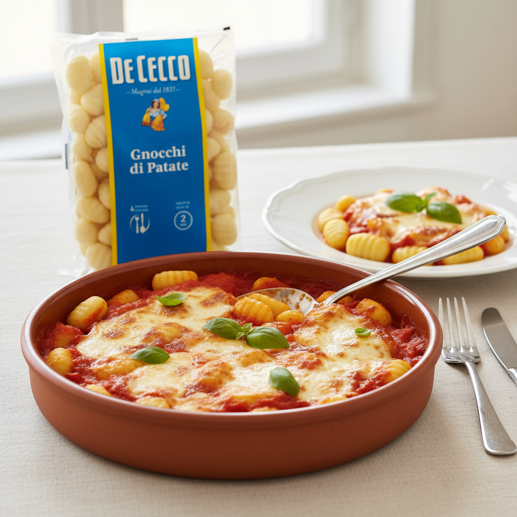 Gnocchi de Pommes de Terre De Cecco – Gnocchi di patate (500 g) – mise en scène générée par IA à partir de la photo du produit
