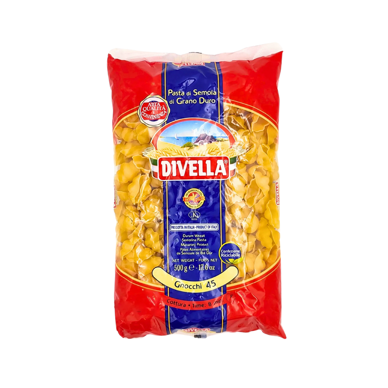 Pâtes Gnocchi Divella 500g - pâtes en semoule de blé dur italiennes, emballage vue avant.