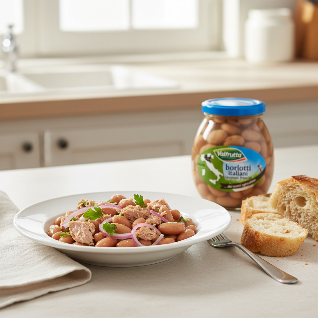 Haricots Borlotti Valfrutta – En conserve (360 g) – mise en scène générée par IA à partir de la photo du produit