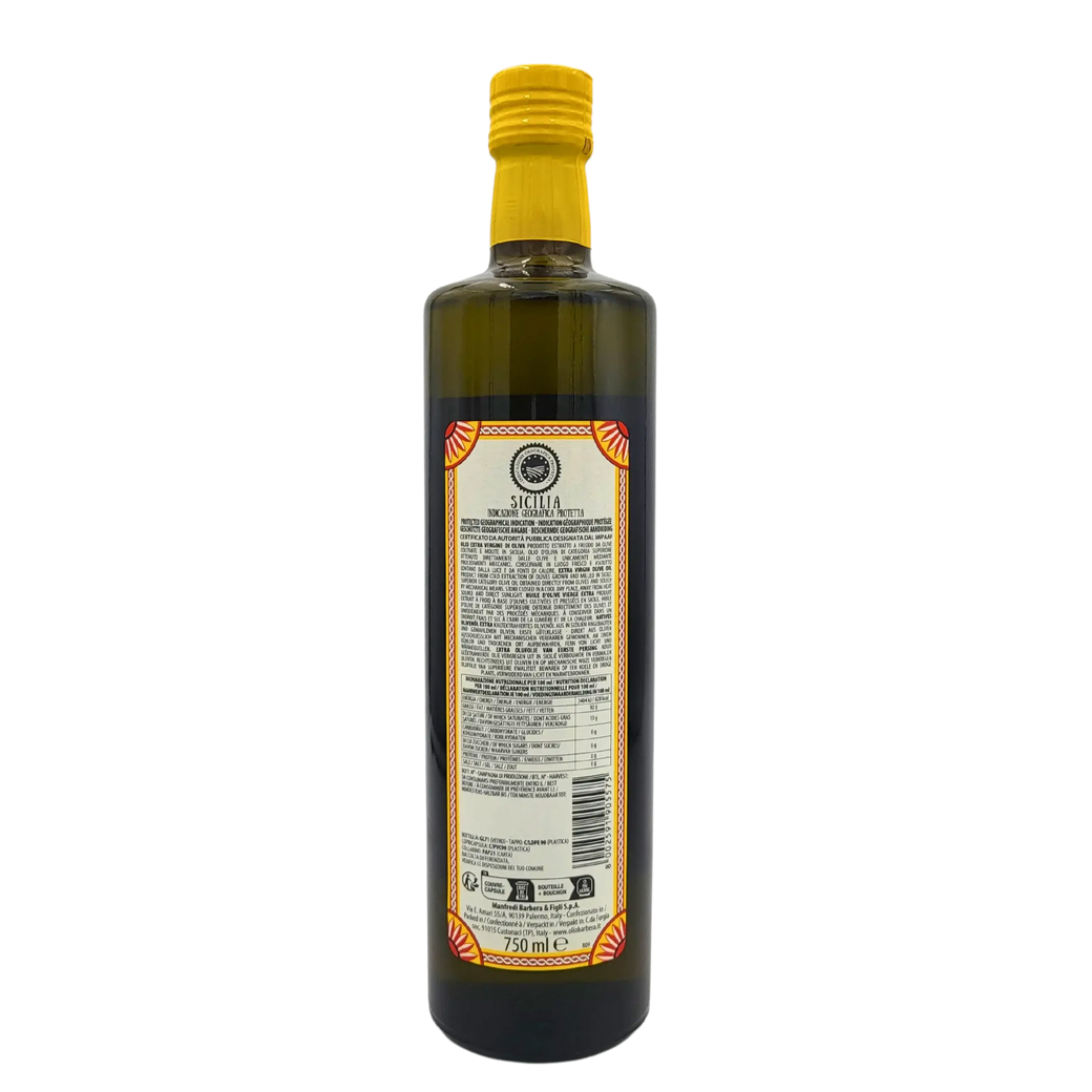 750 ml bottle of extra virgin olive oil Sicily IGP Barbera with visible back label