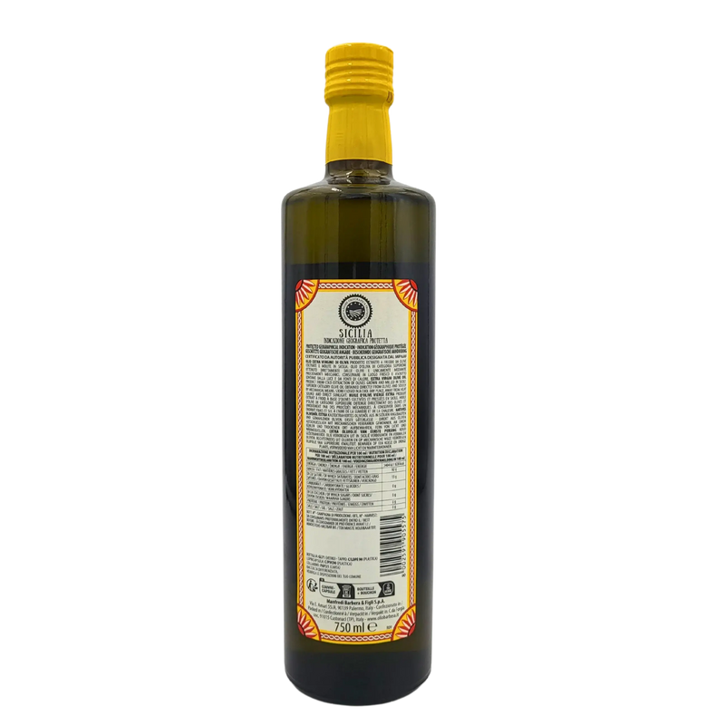 Bouteille de 750 ml d'huile d’olive extra vierge Sicile IGP Barbera avec étiquette arrière visible