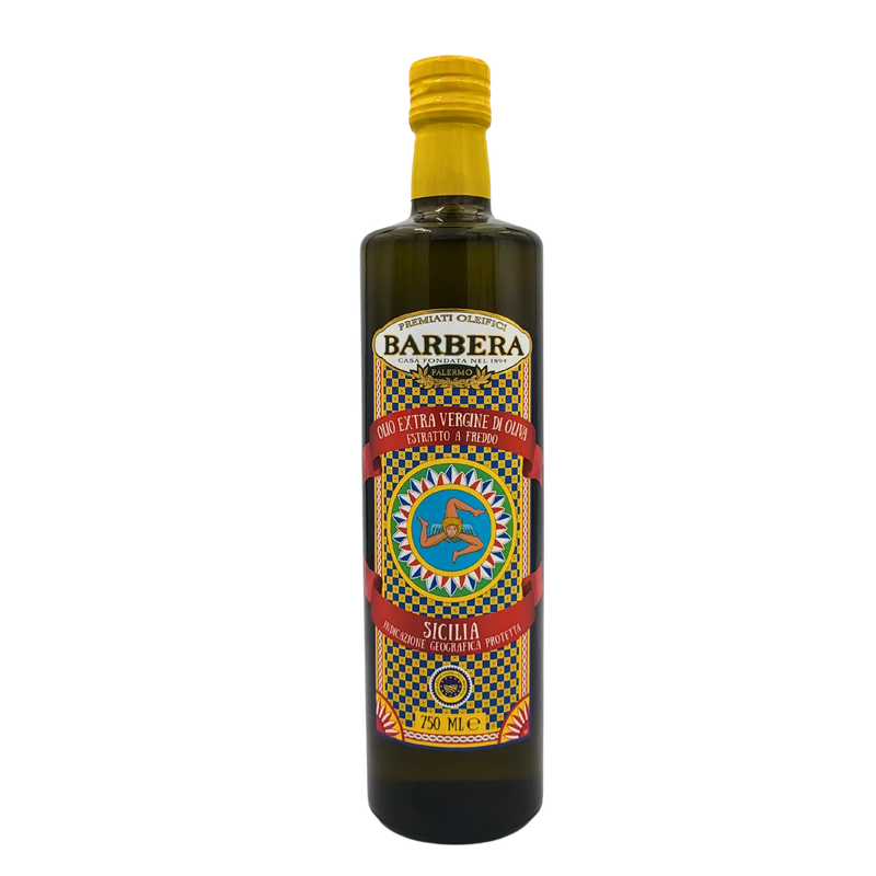 Bouteille de 75cl d'huile d’olive extra vierge Sicile IGP Barbera avec étiquette colorée et bouchon jaune