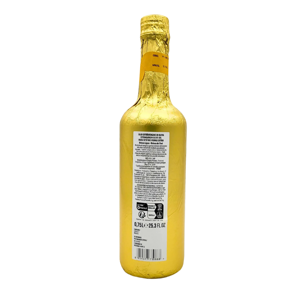 Flasche mit 75cl italienischem extra vergine Olivenöl Ca' d'Ò Riviera Ligure DOP.
