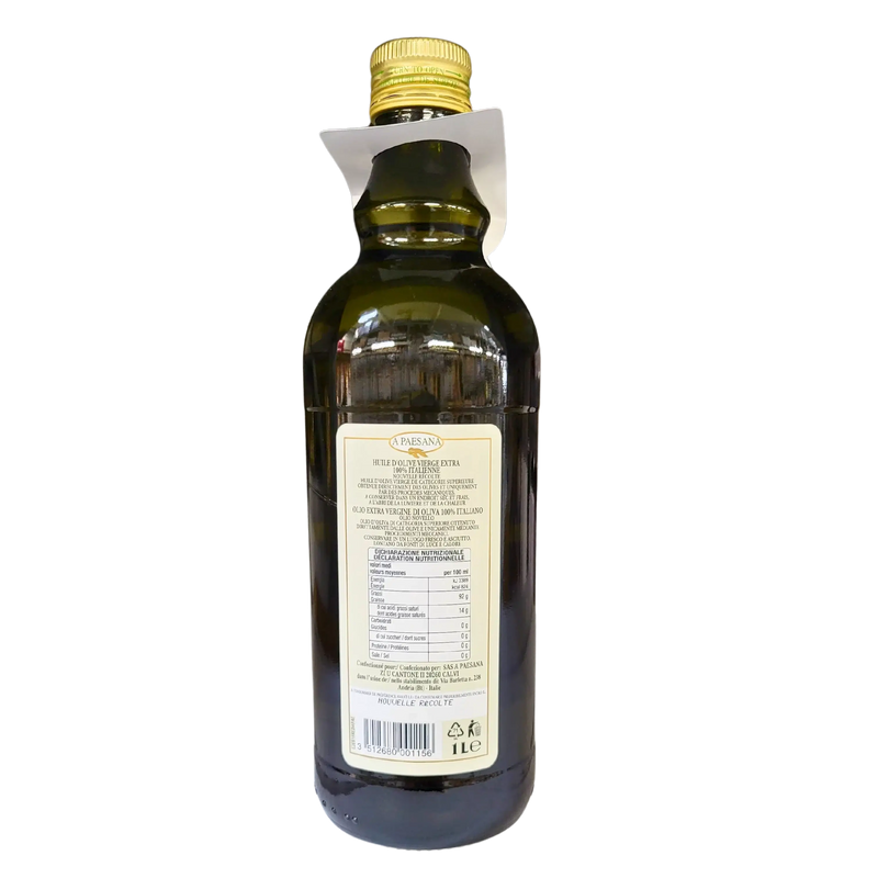 Bouteille d'huile d'olive vierge extra A Paesana 1L, huile d'olive italienne, fraîcheur méditerranéenne, authenticité italienne.