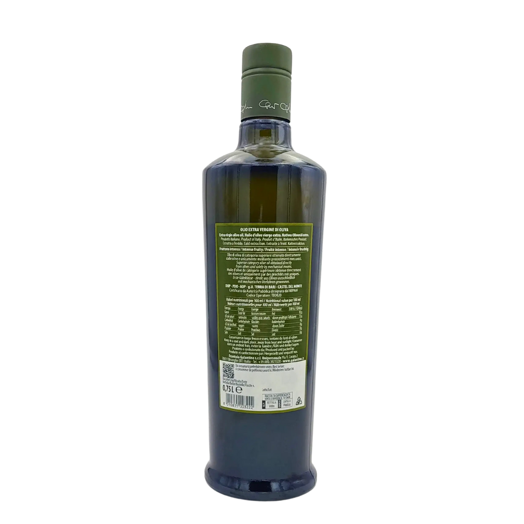 Bouteille de 75cl d'huile d'olive italienne Galantino Extra Vierge DOP Terra di Bari Castel del Monte arrière