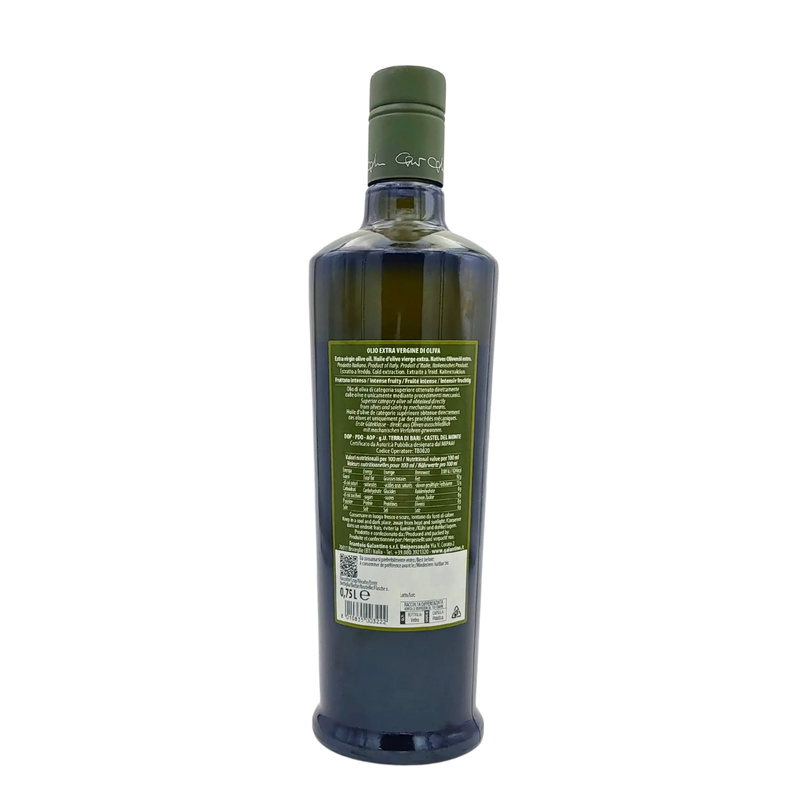 Bouteille de 75cl d'huile d'olive italienne Galantino Extra Vierge DOP Terra di Bari Castel del Monte arrière